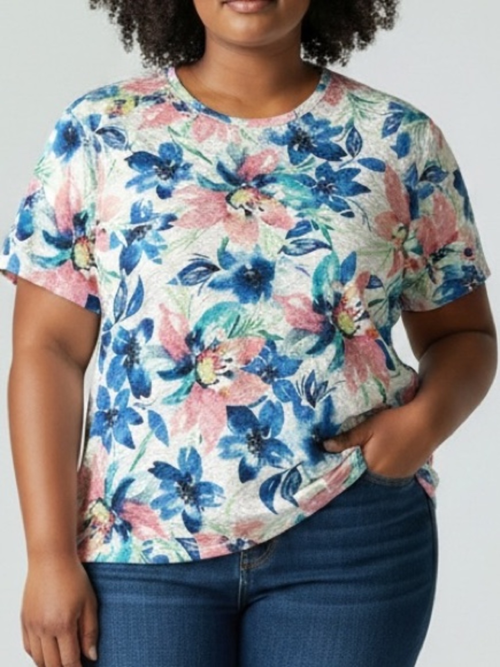 Alfred Dunner Floral Short-Sleeve Top in Blue, Pink, Green